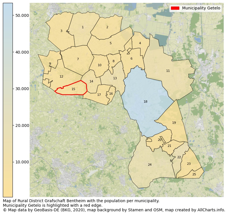 Map of Rural district Grafschaft Bentheim with the population per municipality.Municipality Getelo is highlighted with a red edge.. This page shows a lot of information about residents (such as the distribution by age groups, family composition, gender, native or German with an immigration background, ...), homes (numbers, types, price development, use, type of property, ...) and more (car ownership, energy consumption, ...) based on open data from the German Federal Agency for Cartography, the Federal Statistical Office (DESTATIS), the Regional Statistical Offices and various other sources!