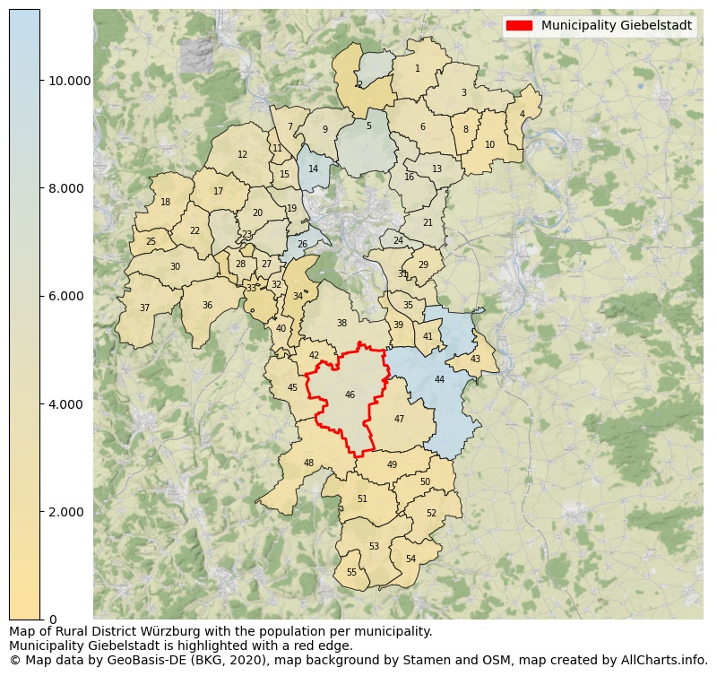 Map of Rural district Würzburg with the population per municipality.Municipality Giebelstadt is highlighted with a red edge.. This page shows a lot of information about residents (such as the distribution by age groups, family composition, gender, native or German with an immigration background, ...), homes (numbers, types, price development, use, type of property, ...) and more (car ownership, energy consumption, ...) based on open data from the German Federal Agency for Cartography, the Federal Statistical Office (DESTATIS), the Regional Statistical Offices and various other sources!