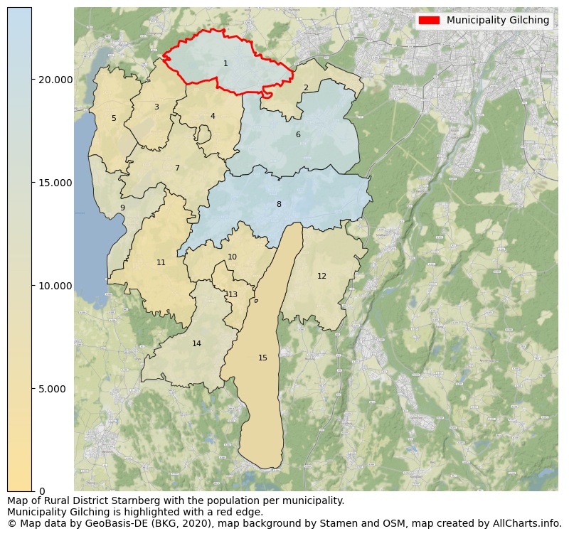 Map of Rural district Starnberg with the population per municipality.Municipality Gilching is highlighted with a red edge.. This page shows a lot of information about residents (such as the distribution by age groups, family composition, gender, native or German with an immigration background, ...), homes (numbers, types, price development, use, type of property, ...) and more (car ownership, energy consumption, ...) based on open data from the German Federal Agency for Cartography, the Federal Statistical Office (DESTATIS), the Regional Statistical Offices and various other sources!