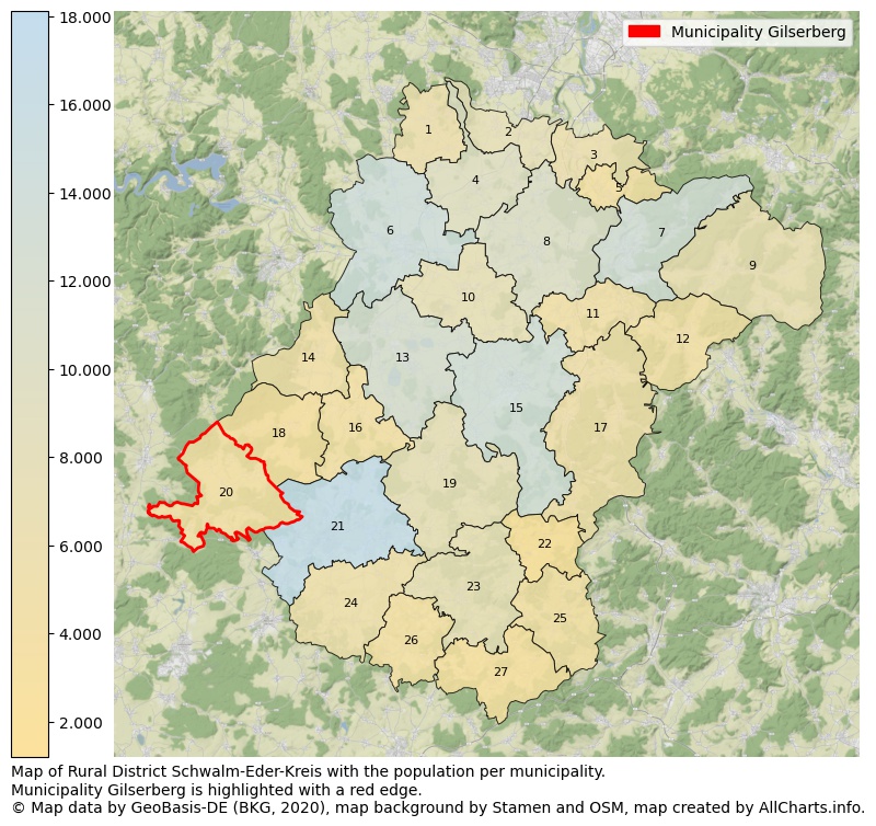 Map of Rural district Schwalm-Eder-Kreis with the population per municipality.Municipality Gilserberg is highlighted with a red edge.. This page shows a lot of information about residents (such as the distribution by age groups, family composition, gender, native or German with an immigration background, ...), homes (numbers, types, price development, use, type of property, ...) and more (car ownership, energy consumption, ...) based on open data from the German Federal Agency for Cartography, the Federal Statistical Office (DESTATIS), the Regional Statistical Offices and various other sources!