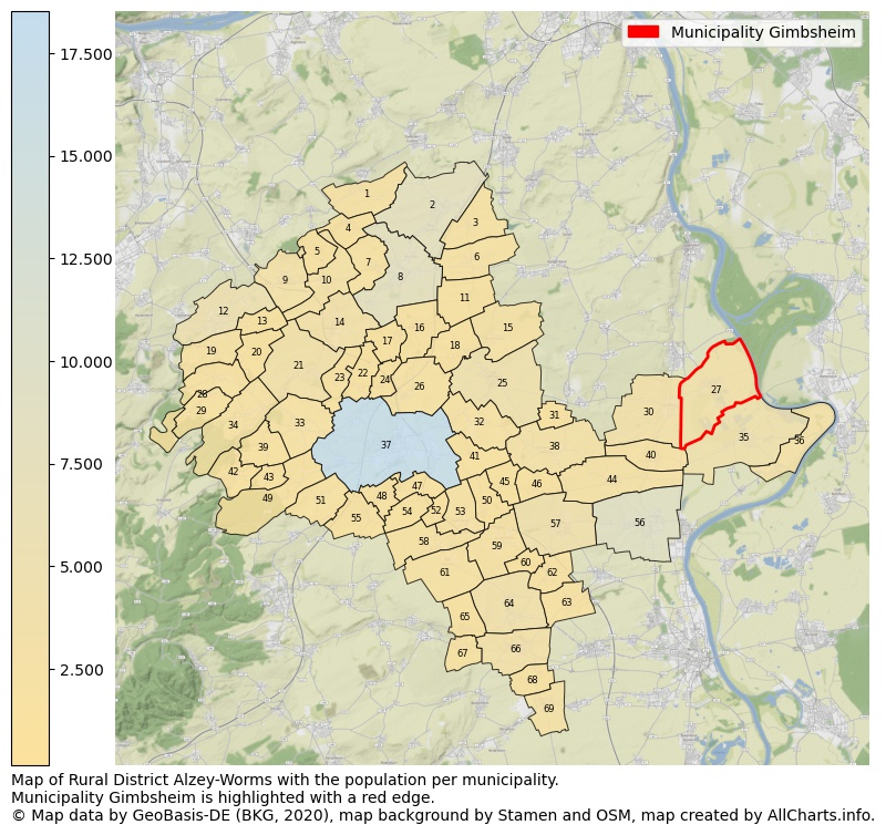 Map of Rural district Alzey-Worms with the population per municipality.Municipality Gimbsheim is highlighted with a red edge.. This page shows a lot of information about residents (such as the distribution by age groups, family composition, gender, native or German with an immigration background, ...), homes (numbers, types, price development, use, type of property, ...) and more (car ownership, energy consumption, ...) based on open data from the German Federal Agency for Cartography, the Federal Statistical Office (DESTATIS), the Regional Statistical Offices and various other sources!
