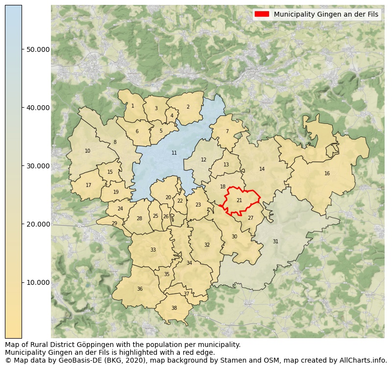 Map of Rural district Göppingen with the population per municipality.Municipality Gingen an der Fils is highlighted with a red edge.. This page shows a lot of information about residents (such as the distribution by age groups, family composition, gender, native or German with an immigration background, ...), homes (numbers, types, price development, use, type of property, ...) and more (car ownership, energy consumption, ...) based on open data from the German Federal Agency for Cartography, the Federal Statistical Office (DESTATIS), the Regional Statistical Offices and various other sources!
