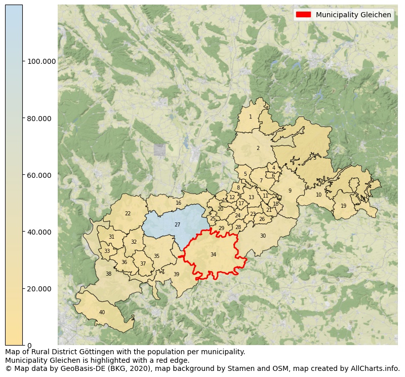 Map of Rural district Göttingen with the population per municipality.Municipality Gleichen is highlighted with a red edge.. This page shows a lot of information about residents (such as the distribution by age groups, family composition, gender, native or German with an immigration background, ...), homes (numbers, types, price development, use, type of property, ...) and more (car ownership, energy consumption, ...) based on open data from the German Federal Agency for Cartography, the Federal Statistical Office (DESTATIS), the Regional Statistical Offices and various other sources!
