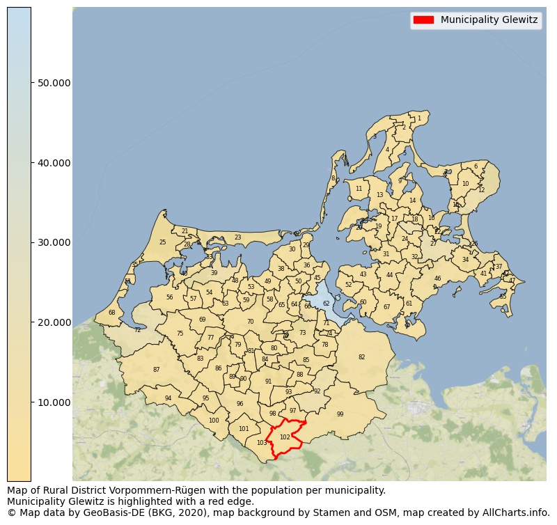Map of Rural district Vorpommern-Rügen with the population per municipality.Municipality Glewitz is highlighted with a red edge.. This page shows a lot of information about residents (such as the distribution by age groups, family composition, gender, native or German with an immigration background, ...), homes (numbers, types, price development, use, type of property, ...) and more (car ownership, energy consumption, ...) based on open data from the German Federal Agency for Cartography, the Federal Statistical Office (DESTATIS), the Regional Statistical Offices and various other sources!