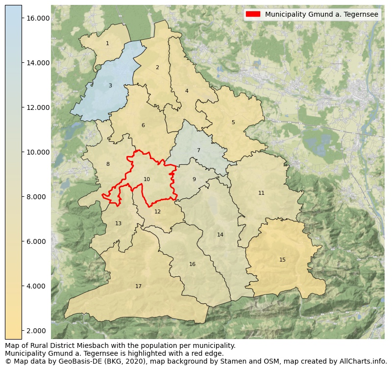 Map of Rural district Miesbach with the population per municipality.Municipality Gmund a. Tegernsee is highlighted with a red edge.. This page shows a lot of information about residents (such as the distribution by age groups, family composition, gender, native or German with an immigration background, ...), homes (numbers, types, price development, use, type of property, ...) and more (car ownership, energy consumption, ...) based on open data from the German Federal Agency for Cartography, the Federal Statistical Office (DESTATIS), the Regional Statistical Offices and various other sources!