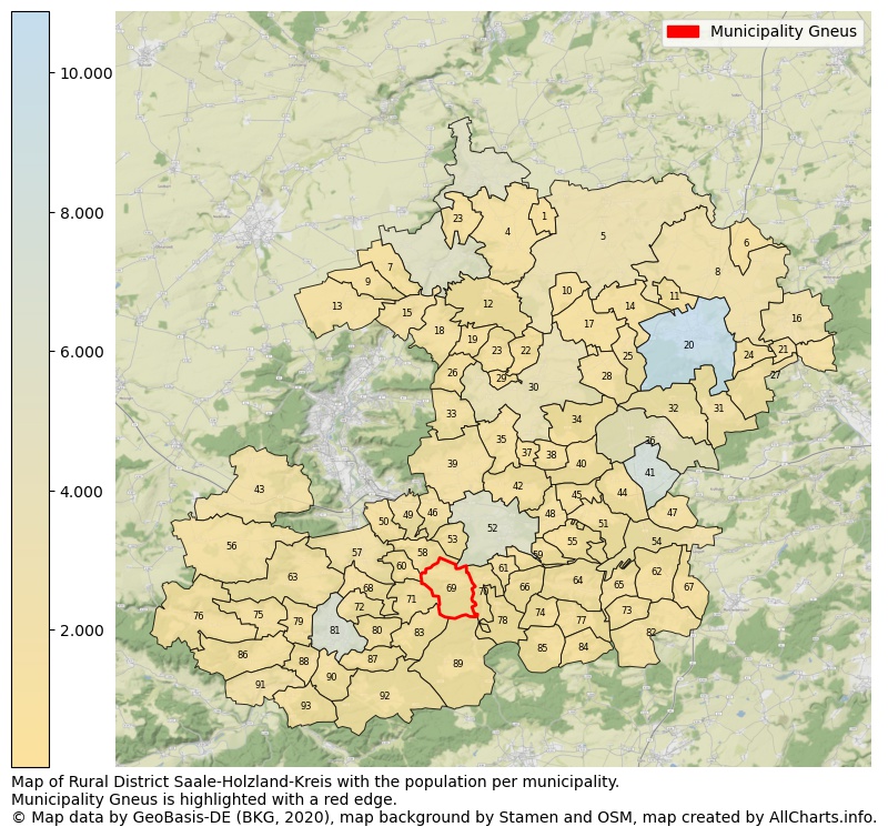 Map of Rural district Saale-Holzland-Kreis with the population per municipality.Municipality Gneus is highlighted with a red edge.. This page shows a lot of information about residents (such as the distribution by age groups, family composition, gender, native or German with an immigration background, ...), homes (numbers, types, price development, use, type of property, ...) and more (car ownership, energy consumption, ...) based on open data from the German Federal Agency for Cartography, the Federal Statistical Office (DESTATIS), the Regional Statistical Offices and various other sources!