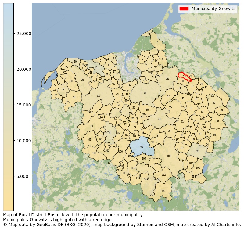 Map of Rural district Rostock with the population per municipality.Municipality Gnewitz is highlighted with a red edge.. This page shows a lot of information about residents (such as the distribution by age groups, family composition, gender, native or German with an immigration background, ...), homes (numbers, types, price development, use, type of property, ...) and more (car ownership, energy consumption, ...) based on open data from the German Federal Agency for Cartography, the Federal Statistical Office (DESTATIS), the Regional Statistical Offices and various other sources!