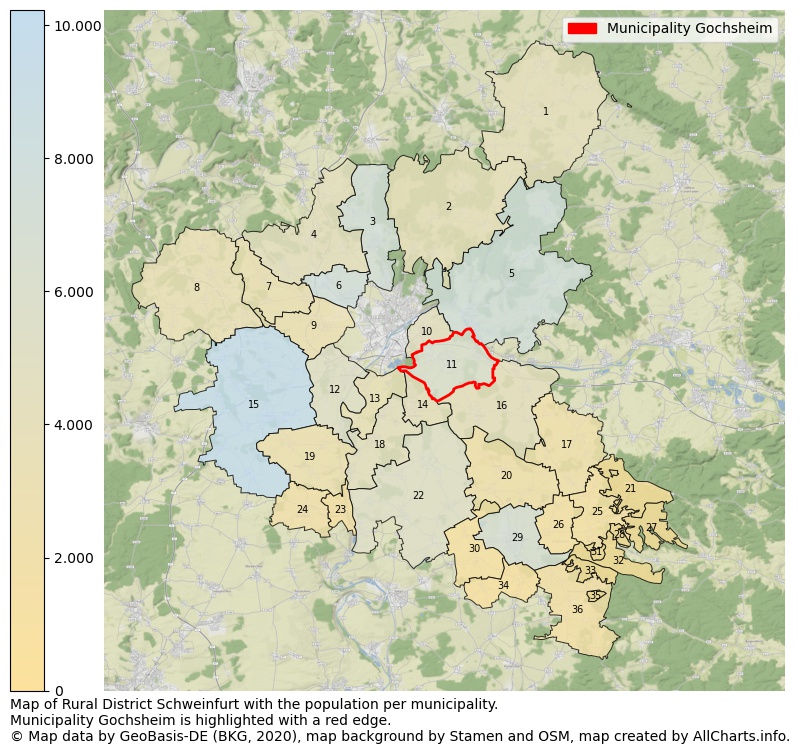 Map of Rural district Schweinfurt with the population per municipality.Municipality Gochsheim is highlighted with a red edge.. This page shows a lot of information about residents (such as the distribution by age groups, family composition, gender, native or German with an immigration background, ...), homes (numbers, types, price development, use, type of property, ...) and more (car ownership, energy consumption, ...) based on open data from the German Federal Agency for Cartography, the Federal Statistical Office (DESTATIS), the Regional Statistical Offices and various other sources!