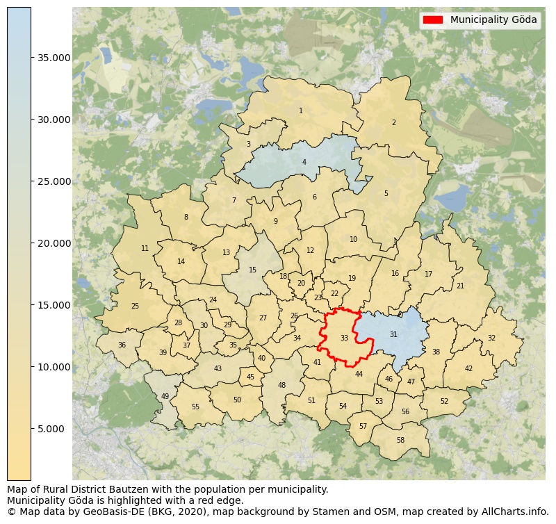 Map of Rural district Bautzen with the population per municipality.Municipality Göda is highlighted with a red edge.. This page shows a lot of information about residents (such as the distribution by age groups, family composition, gender, native or German with an immigration background, ...), homes (numbers, types, price development, use, type of property, ...) and more (car ownership, energy consumption, ...) based on open data from the German Federal Agency for Cartography, the Federal Statistical Office (DESTATIS), the Regional Statistical Offices and various other sources!