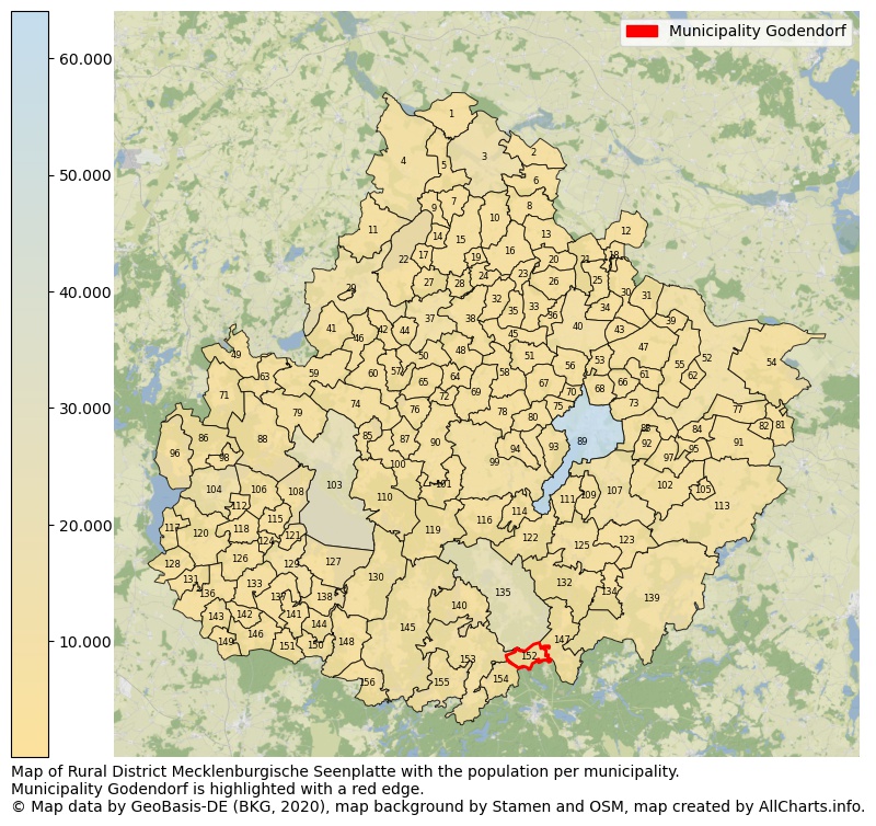 Map of Rural district Mecklenburgische Seenplatte with the population per municipality.Municipality Godendorf is highlighted with a red edge.. This page shows a lot of information about residents (such as the distribution by age groups, family composition, gender, native or German with an immigration background, ...), homes (numbers, types, price development, use, type of property, ...) and more (car ownership, energy consumption, ...) based on open data from the German Federal Agency for Cartography, the Federal Statistical Office (DESTATIS), the Regional Statistical Offices and various other sources!