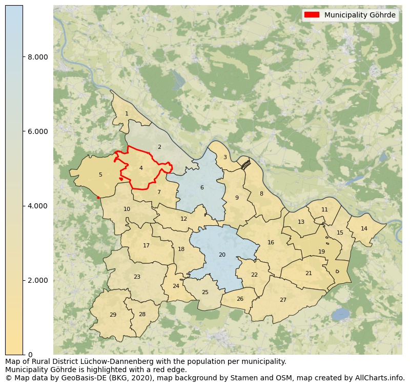 Map of Rural district Lüchow-Dannenberg with the population per municipality.Municipality Göhrde is highlighted with a red edge.. This page shows a lot of information about residents (such as the distribution by age groups, family composition, gender, native or German with an immigration background, ...), homes (numbers, types, price development, use, type of property, ...) and more (car ownership, energy consumption, ...) based on open data from the German Federal Agency for Cartography, the Federal Statistical Office (DESTATIS), the Regional Statistical Offices and various other sources!