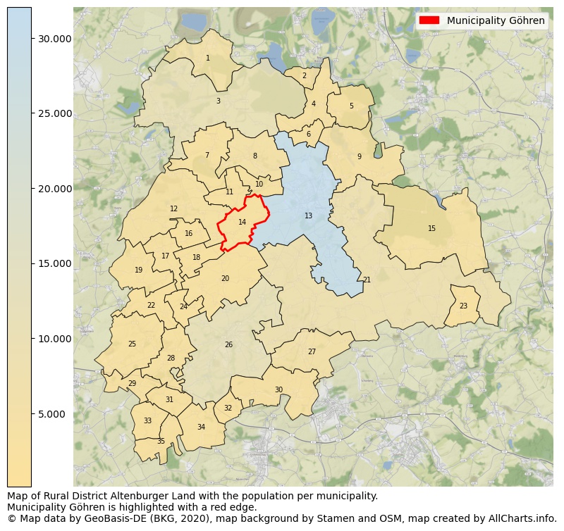 Map of Rural district Altenburger Land with the population per municipality.Municipality Göhren is highlighted with a red edge.. This page shows a lot of information about residents (such as the distribution by age groups, family composition, gender, native or German with an immigration background, ...), homes (numbers, types, price development, use, type of property, ...) and more (car ownership, energy consumption, ...) based on open data from the German Federal Agency for Cartography, the Federal Statistical Office (DESTATIS), the Regional Statistical Offices and various other sources!