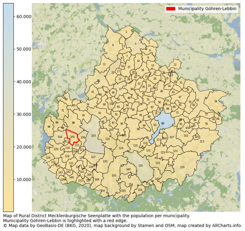 Map of Rural district Mecklenburgische Seenplatte with the population per municipality.Municipality Göhren-Lebbin is highlighted with a red edge.. This page shows a lot of information about residents (such as the distribution by age groups, family composition, gender, native or German with an immigration background, ...), homes (numbers, types, price development, use, type of property, ...) and more (car ownership, energy consumption, ...) based on open data from the German Federal Agency for Cartography, the Federal Statistical Office (DESTATIS), the Regional Statistical Offices and various other sources!