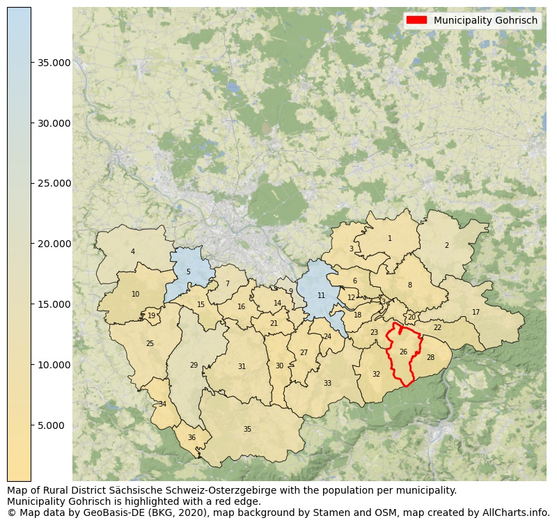 Map of Rural district Sächsische Schweiz-Osterzgebirge with the population per municipality.Municipality Gohrisch is highlighted with a red edge.. This page shows a lot of information about residents (such as the distribution by age groups, family composition, gender, native or German with an immigration background, ...), homes (numbers, types, price development, use, type of property, ...) and more (car ownership, energy consumption, ...) based on open data from the German Federal Agency for Cartography, the Federal Statistical Office (DESTATIS), the Regional Statistical Offices and various other sources!