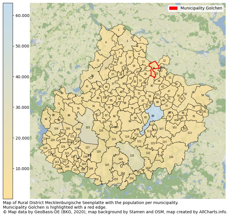 Map of Rural district Mecklenburgische Seenplatte with the population per municipality.Municipality Golchen is highlighted with a red edge.. This page shows a lot of information about residents (such as the distribution by age groups, family composition, gender, native or German with an immigration background, ...), homes (numbers, types, price development, use, type of property, ...) and more (car ownership, energy consumption, ...) based on open data from the German Federal Agency for Cartography, the Federal Statistical Office (DESTATIS), the Regional Statistical Offices and various other sources!