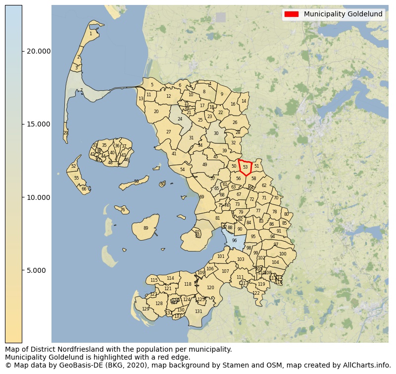 Map of District Nordfriesland with the population per municipality.Municipality Goldelund is highlighted with a red edge.. This page shows a lot of information about residents (such as the distribution by age groups, family composition, gender, native or German with an immigration background, ...), homes (numbers, types, price development, use, type of property, ...) and more (car ownership, energy consumption, ...) based on open data from the German Federal Agency for Cartography, the Federal Statistical Office (DESTATIS), the Regional Statistical Offices and various other sources!