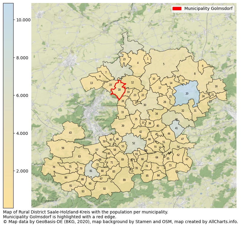 Map of Rural district Saale-Holzland-Kreis with the population per municipality.Municipality Golmsdorf is highlighted with a red edge.. This page shows a lot of information about residents (such as the distribution by age groups, family composition, gender, native or German with an immigration background, ...), homes (numbers, types, price development, use, type of property, ...) and more (car ownership, energy consumption, ...) based on open data from the German Federal Agency for Cartography, the Federal Statistical Office (DESTATIS), the Regional Statistical Offices and various other sources!