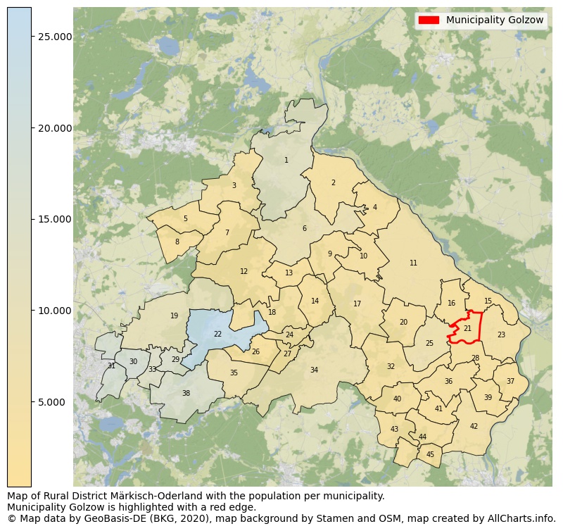 Map of Rural district Märkisch-Oderland with the population per municipality.Municipality Golzow is highlighted with a red edge.. This page shows a lot of information about residents (such as the distribution by age groups, family composition, gender, native or German with an immigration background, ...), homes (numbers, types, price development, use, type of property, ...) and more (car ownership, energy consumption, ...) based on open data from the German Federal Agency for Cartography, the Federal Statistical Office (DESTATIS), the Regional Statistical Offices and various other sources!