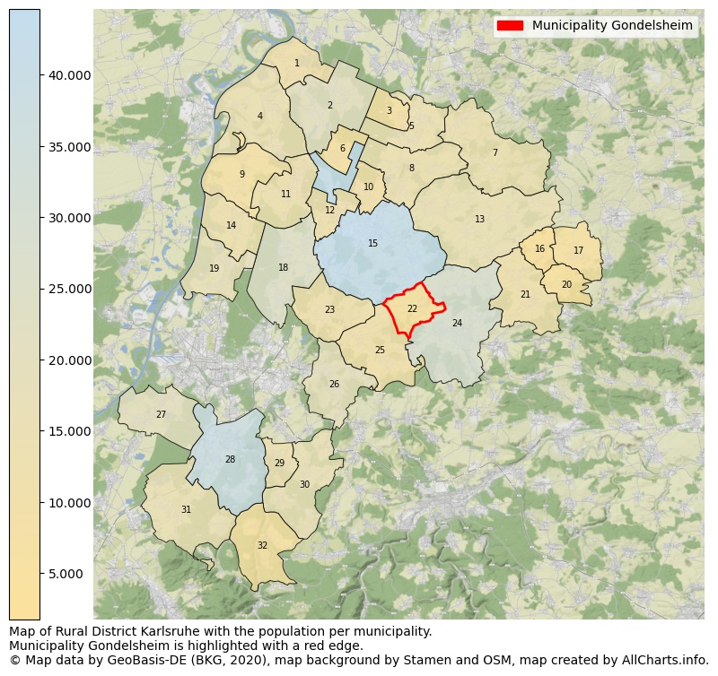 Map of Rural district Karlsruhe with the population per municipality.Municipality Gondelsheim is highlighted with a red edge.. This page shows a lot of information about residents (such as the distribution by age groups, family composition, gender, native or German with an immigration background, ...), homes (numbers, types, price development, use, type of property, ...) and more (car ownership, energy consumption, ...) based on open data from the German Federal Agency for Cartography, the Federal Statistical Office (DESTATIS), the Regional Statistical Offices and various other sources!
