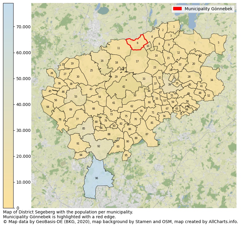Map of District Segeberg with the population per municipality.Municipality Gönnebek is highlighted with a red edge.. This page shows a lot of information about residents (such as the distribution by age groups, family composition, gender, native or German with an immigration background, ...), homes (numbers, types, price development, use, type of property, ...) and more (car ownership, energy consumption, ...) based on open data from the German Federal Agency for Cartography, the Federal Statistical Office (DESTATIS), the Regional Statistical Offices and various other sources!