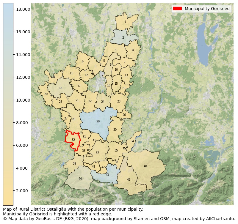 Map of Rural district Ostallgäu with the population per municipality.Municipality Görisried is highlighted with a red edge.. This page shows a lot of information about residents (such as the distribution by age groups, family composition, gender, native or German with an immigration background, ...), homes (numbers, types, price development, use, type of property, ...) and more (car ownership, energy consumption, ...) based on open data from the German Federal Agency for Cartography, the Federal Statistical Office (DESTATIS), the Regional Statistical Offices and various other sources!
