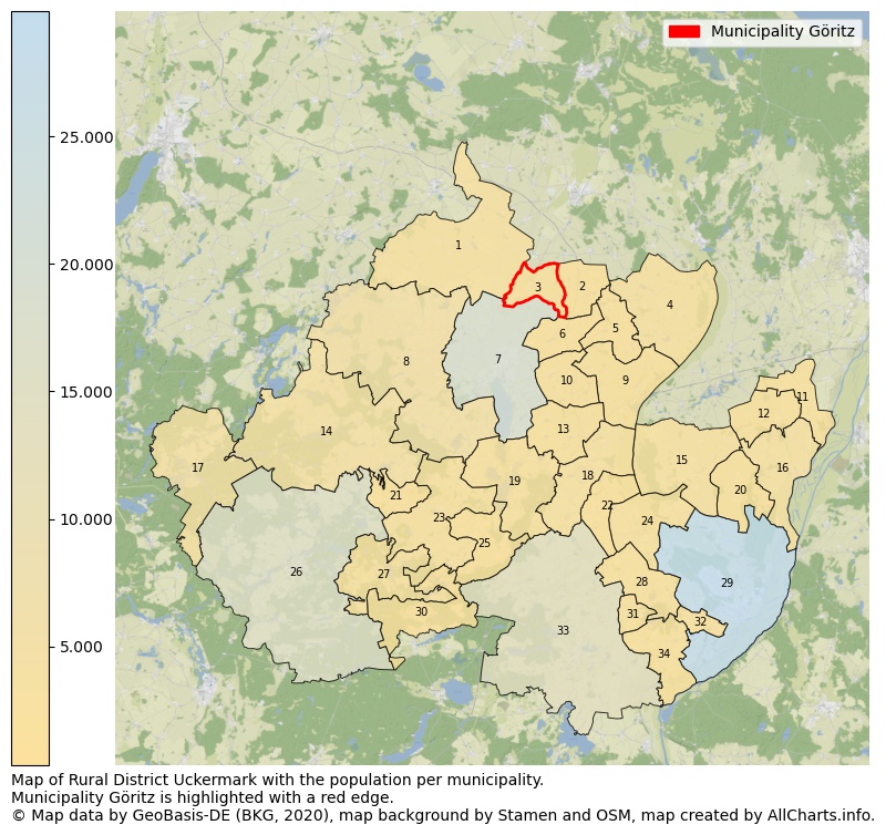 Map of Rural district Uckermark with the population per municipality.Municipality Göritz is highlighted with a red edge.. This page shows a lot of information about residents (such as the distribution by age groups, family composition, gender, native or German with an immigration background, ...), homes (numbers, types, price development, use, type of property, ...) and more (car ownership, energy consumption, ...) based on open data from the German Federal Agency for Cartography, the Federal Statistical Office (DESTATIS), the Regional Statistical Offices and various other sources!