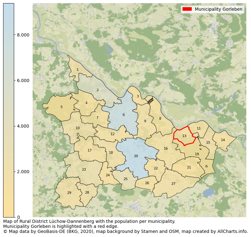 Map of Rural district Lüchow-Dannenberg with the population per municipality.Municipality Gorleben is highlighted with a red edge.. This page shows a lot of information about residents (such as the distribution by age groups, family composition, gender, native or German with an immigration background, ...), homes (numbers, types, price development, use, type of property, ...) and more (car ownership, energy consumption, ...) based on open data from the German Federal Agency for Cartography, the Federal Statistical Office (DESTATIS), the Regional Statistical Offices and various other sources!
