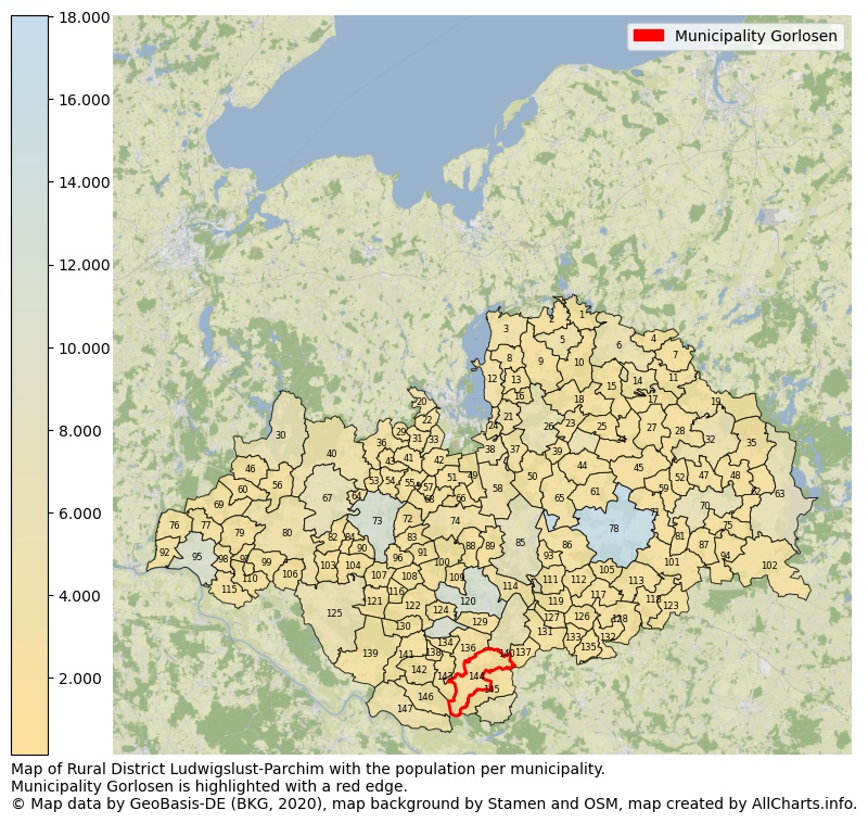 Map of Rural district Ludwigslust-Parchim with the population per municipality.Municipality Gorlosen is highlighted with a red edge.. This page shows a lot of information about residents (such as the distribution by age groups, family composition, gender, native or German with an immigration background, ...), homes (numbers, types, price development, use, type of property, ...) and more (car ownership, energy consumption, ...) based on open data from the German Federal Agency for Cartography, the Federal Statistical Office (DESTATIS), the Regional Statistical Offices and various other sources!