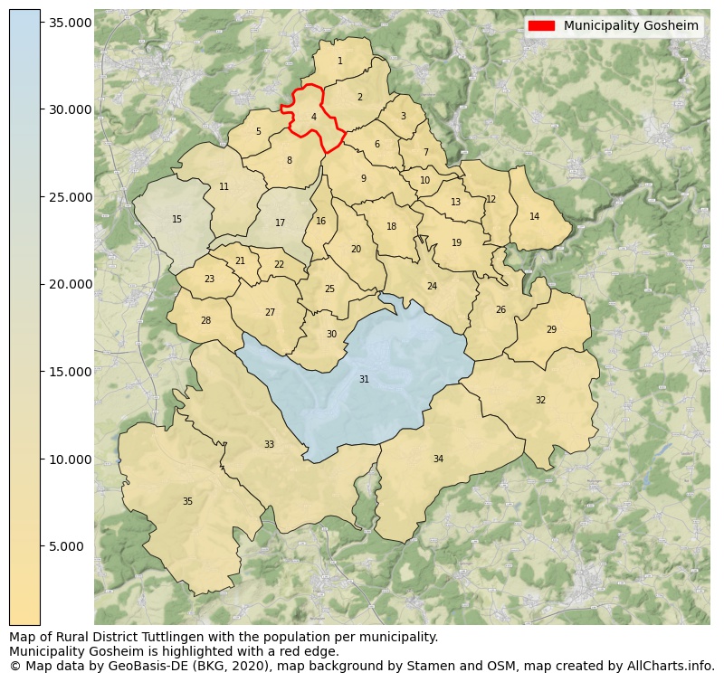 Map of Rural district Tuttlingen with the population per municipality.Municipality Gosheim is highlighted with a red edge.. This page shows a lot of information about residents (such as the distribution by age groups, family composition, gender, native or German with an immigration background, ...), homes (numbers, types, price development, use, type of property, ...) and more (car ownership, energy consumption, ...) based on open data from the German Federal Agency for Cartography, the Federal Statistical Office (DESTATIS), the Regional Statistical Offices and various other sources!
