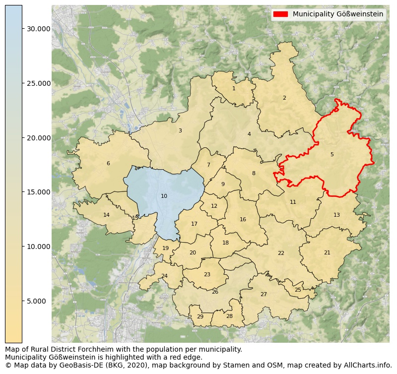 Map of Rural district Forchheim with the population per municipality.Municipality Gößweinstein is highlighted with a red edge.. This page shows a lot of information about residents (such as the distribution by age groups, family composition, gender, native or German with an immigration background, ...), homes (numbers, types, price development, use, type of property, ...) and more (car ownership, energy consumption, ...) based on open data from the German Federal Agency for Cartography, the Federal Statistical Office (DESTATIS), the Regional Statistical Offices and various other sources!