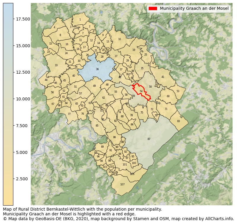 Map of Rural district Bernkastel-Wittlich with the population per municipality.Municipality Graach an der Mosel is highlighted with a red edge.. This page shows a lot of information about residents (such as the distribution by age groups, family composition, gender, native or German with an immigration background, ...), homes (numbers, types, price development, use, type of property, ...) and more (car ownership, energy consumption, ...) based on open data from the German Federal Agency for Cartography, the Federal Statistical Office (DESTATIS), the Regional Statistical Offices and various other sources!