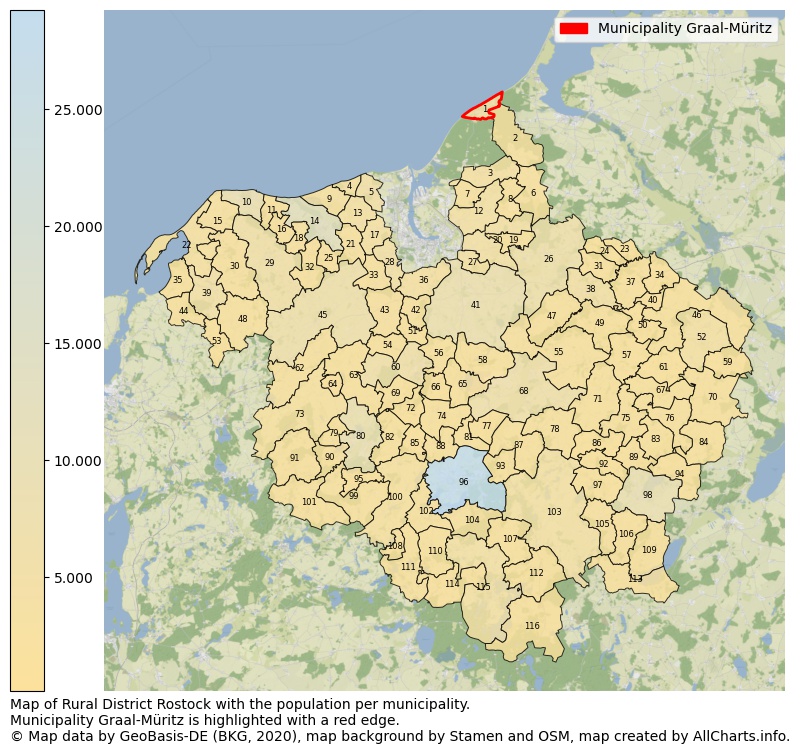 Map of Rural district Rostock with the population per municipality.Municipality Graal-Müritz is highlighted with a red edge.. This page shows a lot of information about residents (such as the distribution by age groups, family composition, gender, native or German with an immigration background, ...), homes (numbers, types, price development, use, type of property, ...) and more (car ownership, energy consumption, ...) based on open data from the German Federal Agency for Cartography, the Federal Statistical Office (DESTATIS), the Regional Statistical Offices and various other sources!