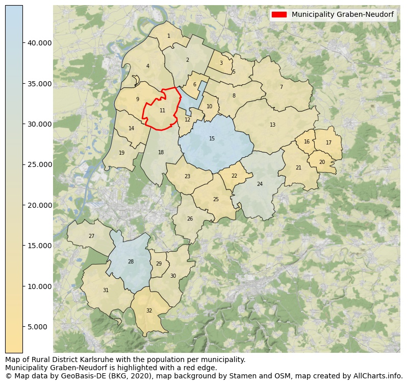 Map of Rural district Karlsruhe with the population per municipality.Municipality Graben-Neudorf is highlighted with a red edge.. This page shows a lot of information about residents (such as the distribution by age groups, family composition, gender, native or German with an immigration background, ...), homes (numbers, types, price development, use, type of property, ...) and more (car ownership, energy consumption, ...) based on open data from the German Federal Agency for Cartography, the Federal Statistical Office (DESTATIS), the Regional Statistical Offices and various other sources!