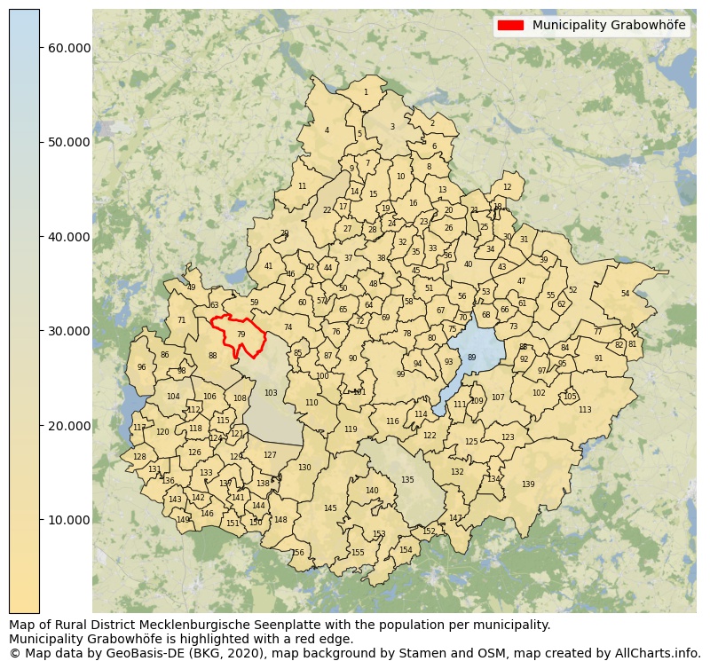 Map of Rural district Mecklenburgische Seenplatte with the population per municipality.Municipality Grabowhöfe is highlighted with a red edge.. This page shows a lot of information about residents (such as the distribution by age groups, family composition, gender, native or German with an immigration background, ...), homes (numbers, types, price development, use, type of property, ...) and more (car ownership, energy consumption, ...) based on open data from the German Federal Agency for Cartography, the Federal Statistical Office (DESTATIS), the Regional Statistical Offices and various other sources!