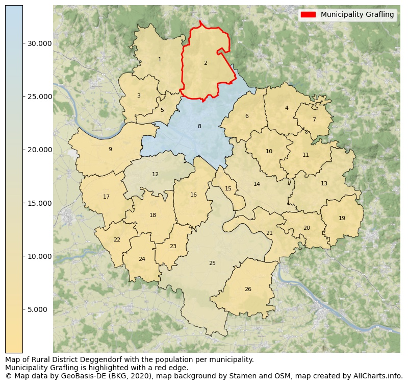 Map of Rural district Deggendorf with the population per municipality.Municipality Grafling is highlighted with a red edge.. This page shows a lot of information about residents (such as the distribution by age groups, family composition, gender, native or German with an immigration background, ...), homes (numbers, types, price development, use, type of property, ...) and more (car ownership, energy consumption, ...) based on open data from the German Federal Agency for Cartography, the Federal Statistical Office (DESTATIS), the Regional Statistical Offices and various other sources!