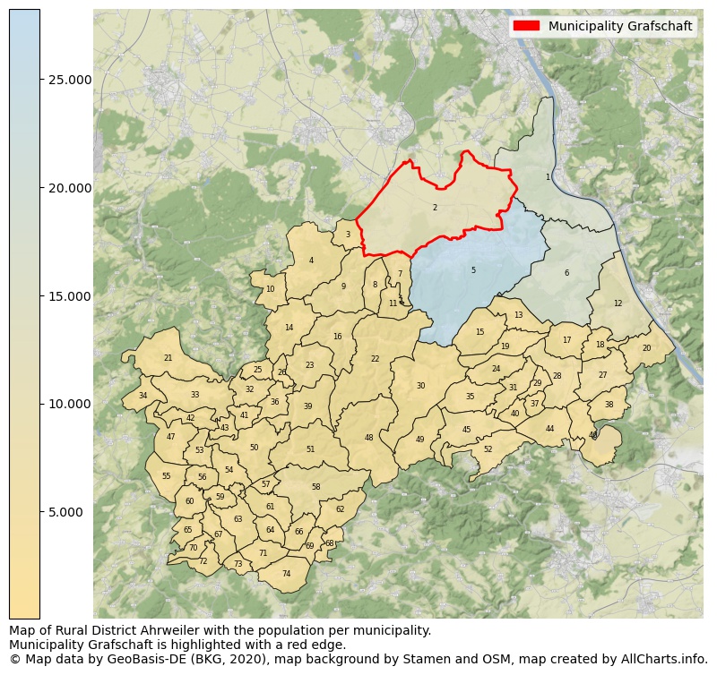 Map of Rural district Ahrweiler with the population per municipality.Municipality Grafschaft is highlighted with a red edge.. This page shows a lot of information about residents (such as the distribution by age groups, family composition, gender, native or German with an immigration background, ...), homes (numbers, types, price development, use, type of property, ...) and more (car ownership, energy consumption, ...) based on open data from the German Federal Agency for Cartography, the Federal Statistical Office (DESTATIS), the Regional Statistical Offices and various other sources!