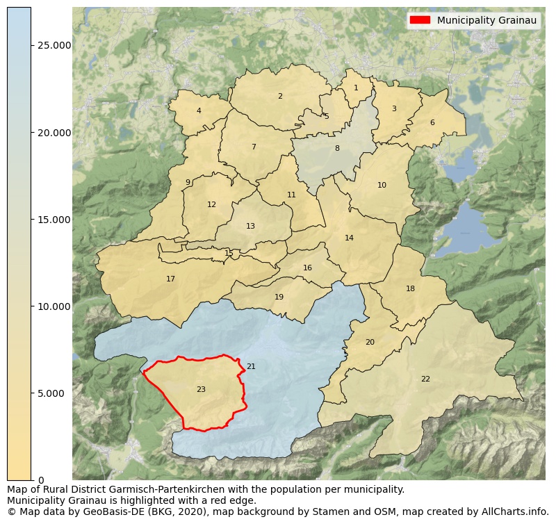 Map of Rural district Garmisch-Partenkirchen with the population per municipality.Municipality Grainau is highlighted with a red edge.. This page shows a lot of information about residents (such as the distribution by age groups, family composition, gender, native or German with an immigration background, ...), homes (numbers, types, price development, use, type of property, ...) and more (car ownership, energy consumption, ...) based on open data from the German Federal Agency for Cartography, the Federal Statistical Office (DESTATIS), the Regional Statistical Offices and various other sources!