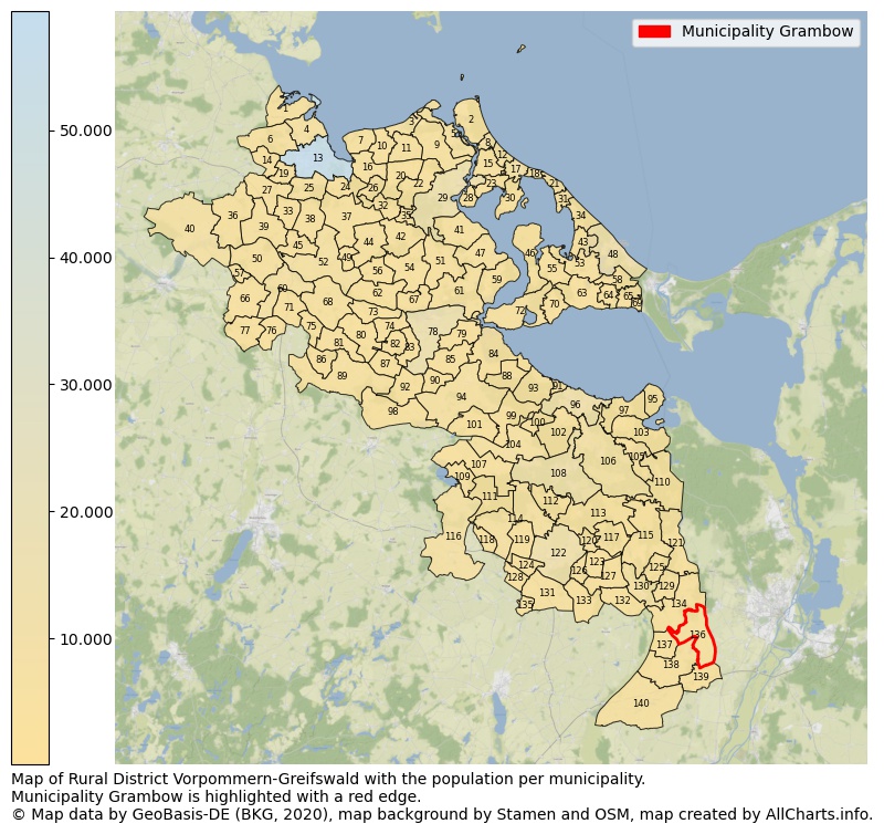 Map of Rural district Vorpommern-Greifswald with the population per municipality.Municipality Grambow is highlighted with a red edge.. This page shows a lot of information about residents (such as the distribution by age groups, family composition, gender, native or German with an immigration background, ...), homes (numbers, types, price development, use, type of property, ...) and more (car ownership, energy consumption, ...) based on open data from the German Federal Agency for Cartography, the Federal Statistical Office (DESTATIS), the Regional Statistical Offices and various other sources!