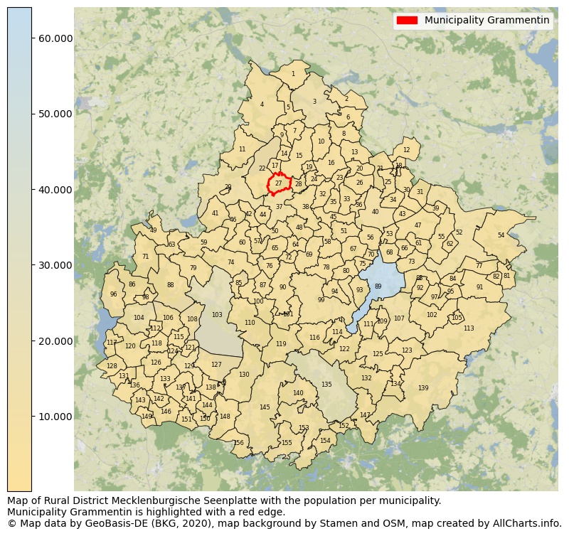 Map of Rural district Mecklenburgische Seenplatte with the population per municipality.Municipality Grammentin is highlighted with a red edge.. This page shows a lot of information about residents (such as the distribution by age groups, family composition, gender, native or German with an immigration background, ...), homes (numbers, types, price development, use, type of property, ...) and more (car ownership, energy consumption, ...) based on open data from the German Federal Agency for Cartography, the Federal Statistical Office (DESTATIS), the Regional Statistical Offices and various other sources!
