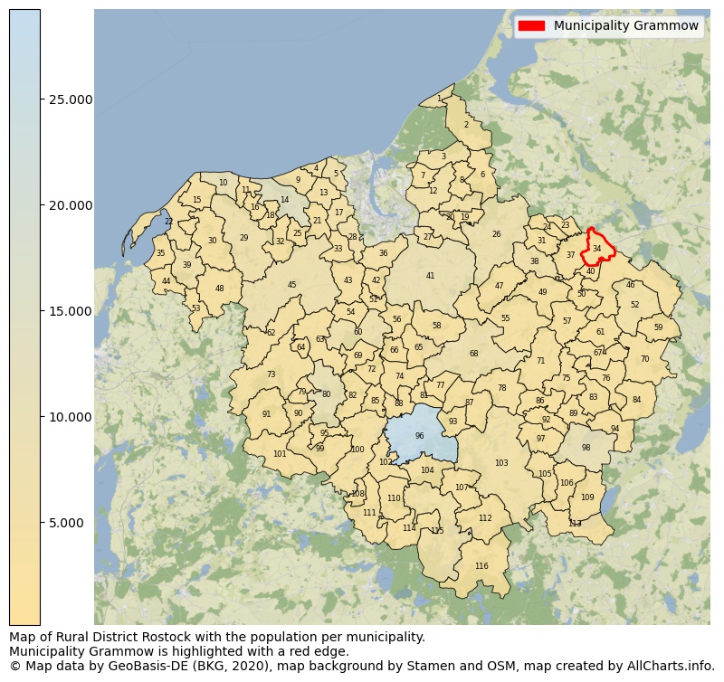 Map of Rural district Rostock with the population per municipality.Municipality Grammow is highlighted with a red edge.. This page shows a lot of information about residents (such as the distribution by age groups, family composition, gender, native or German with an immigration background, ...), homes (numbers, types, price development, use, type of property, ...) and more (car ownership, energy consumption, ...) based on open data from the German Federal Agency for Cartography, the Federal Statistical Office (DESTATIS), the Regional Statistical Offices and various other sources!