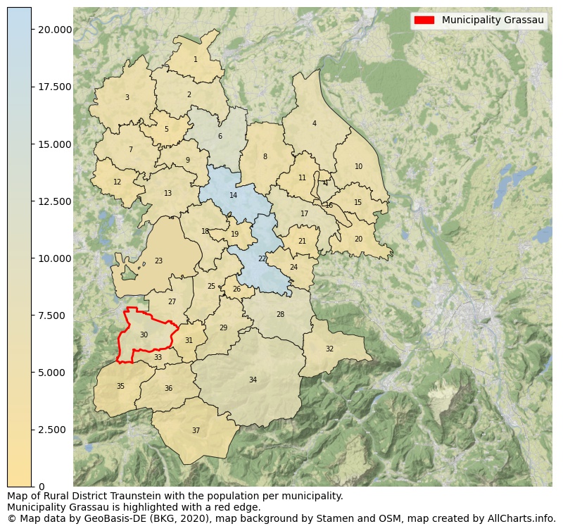 Map of Rural district Traunstein with the population per municipality.Municipality Grassau is highlighted with a red edge.. This page shows a lot of information about residents (such as the distribution by age groups, family composition, gender, native or German with an immigration background, ...), homes (numbers, types, price development, use, type of property, ...) and more (car ownership, energy consumption, ...) based on open data from the German Federal Agency for Cartography, the Federal Statistical Office (DESTATIS), the Regional Statistical Offices and various other sources!