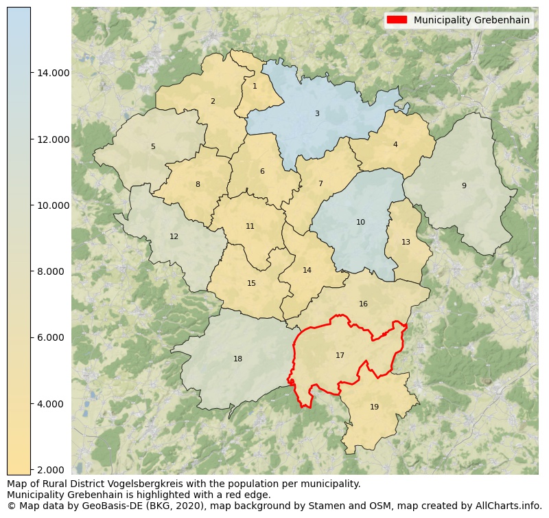 Map of Rural district Vogelsbergkreis with the population per municipality.Municipality Grebenhain is highlighted with a red edge.. This page shows a lot of information about residents (such as the distribution by age groups, family composition, gender, native or German with an immigration background, ...), homes (numbers, types, price development, use, type of property, ...) and more (car ownership, energy consumption, ...) based on open data from the German Federal Agency for Cartography, the Federal Statistical Office (DESTATIS), the Regional Statistical Offices and various other sources!