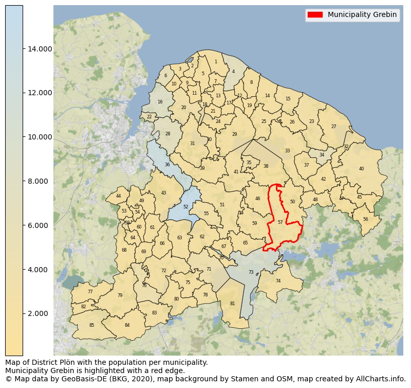 Map of District Plön with the population per municipality.Municipality Grebin is highlighted with a red edge.. This page shows a lot of information about residents (such as the distribution by age groups, family composition, gender, native or German with an immigration background, ...), homes (numbers, types, price development, use, type of property, ...) and more (car ownership, energy consumption, ...) based on open data from the German Federal Agency for Cartography, the Federal Statistical Office (DESTATIS), the Regional Statistical Offices and various other sources!