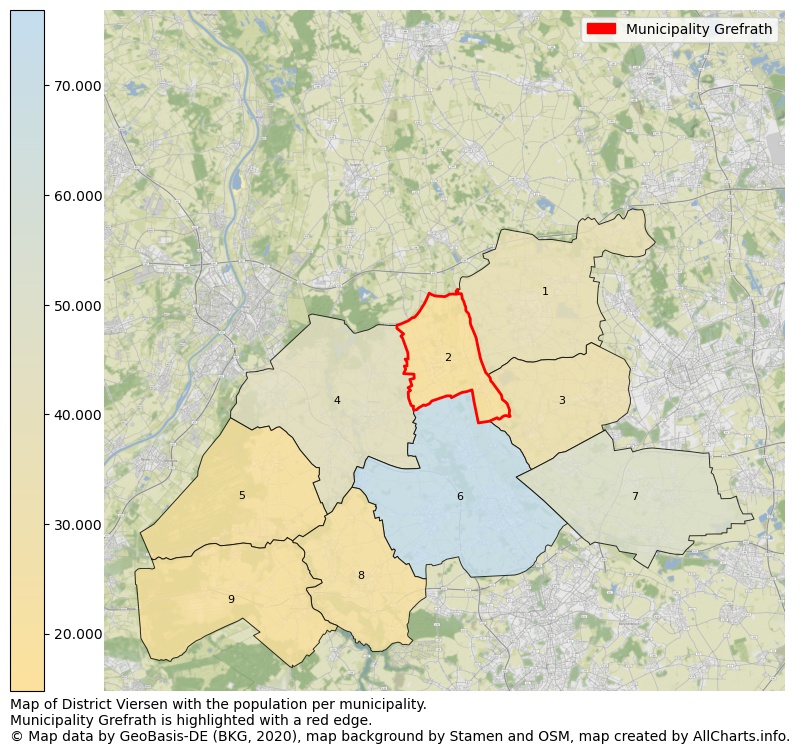 Map of District Viersen with the population per municipality.Municipality Grefrath is highlighted with a red edge.. This page shows a lot of information about residents (such as the distribution by age groups, family composition, gender, native or German with an immigration background, ...), homes (numbers, types, price development, use, type of property, ...) and more (car ownership, energy consumption, ...) based on open data from the German Federal Agency for Cartography, the Federal Statistical Office (DESTATIS), the Regional Statistical Offices and various other sources!