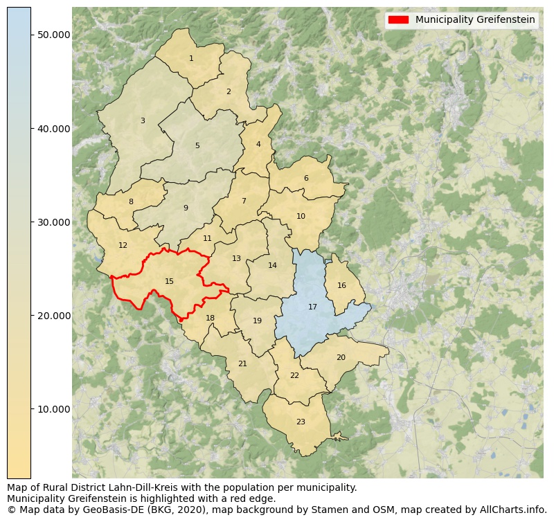 Map of Rural district Lahn-Dill-Kreis with the population per municipality.Municipality Greifenstein is highlighted with a red edge.. This page shows a lot of information about residents (such as the distribution by age groups, family composition, gender, native or German with an immigration background, ...), homes (numbers, types, price development, use, type of property, ...) and more (car ownership, energy consumption, ...) based on open data from the German Federal Agency for Cartography, the Federal Statistical Office (DESTATIS), the Regional Statistical Offices and various other sources!