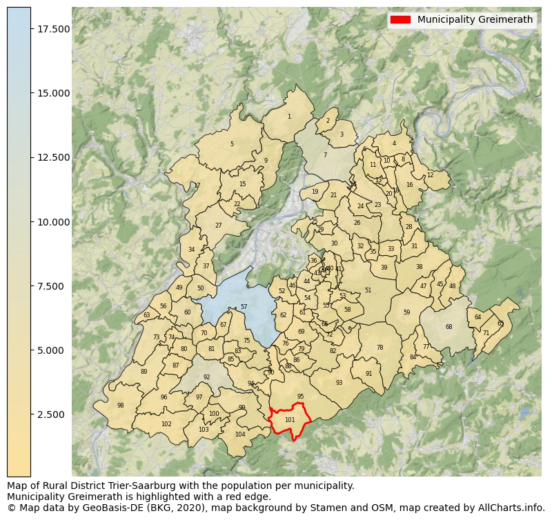 Map of Rural district Trier-Saarburg with the population per municipality.Municipality Greimerath is highlighted with a red edge.. This page shows a lot of information about residents (such as the distribution by age groups, family composition, gender, native or German with an immigration background, ...), homes (numbers, types, price development, use, type of property, ...) and more (car ownership, energy consumption, ...) based on open data from the German Federal Agency for Cartography, the Federal Statistical Office (DESTATIS), the Regional Statistical Offices and various other sources!