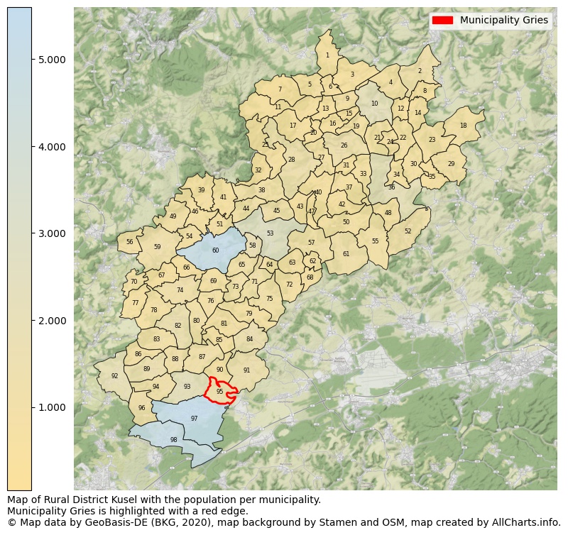 Map of Rural district Kusel with the population per municipality.Municipality Gries is highlighted with a red edge.. This page shows a lot of information about residents (such as the distribution by age groups, family composition, gender, native or German with an immigration background, ...), homes (numbers, types, price development, use, type of property, ...) and more (car ownership, energy consumption, ...) based on open data from the German Federal Agency for Cartography, the Federal Statistical Office (DESTATIS), the Regional Statistical Offices and various other sources!