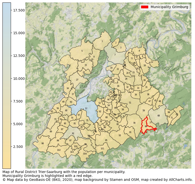Map of Rural district Trier-Saarburg with the population per municipality.Municipality Grimburg is highlighted with a red edge.. This page shows a lot of information about residents (such as the distribution by age groups, family composition, gender, native or German with an immigration background, ...), homes (numbers, types, price development, use, type of property, ...) and more (car ownership, energy consumption, ...) based on open data from the German Federal Agency for Cartography, the Federal Statistical Office (DESTATIS), the Regional Statistical Offices and various other sources!