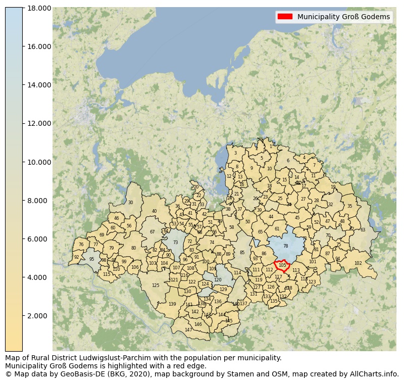 Map of Rural district Ludwigslust-Parchim with the population per municipality.Municipality Groß Godems is highlighted with a red edge.. This page shows a lot of information about residents (such as the distribution by age groups, family composition, gender, native or German with an immigration background, ...), homes (numbers, types, price development, use, type of property, ...) and more (car ownership, energy consumption, ...) based on open data from the German Federal Agency for Cartography, the Federal Statistical Office (DESTATIS), the Regional Statistical Offices and various other sources!