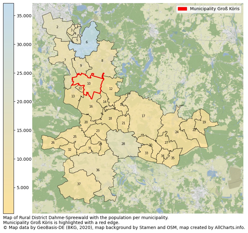 Map of Rural district Dahme-Spreewald with the population per municipality.Municipality Groß Köris is highlighted with a red edge.. This page shows a lot of information about residents (such as the distribution by age groups, family composition, gender, native or German with an immigration background, ...), homes (numbers, types, price development, use, type of property, ...) and more (car ownership, energy consumption, ...) based on open data from the German Federal Agency for Cartography, the Federal Statistical Office (DESTATIS), the Regional Statistical Offices and various other sources!